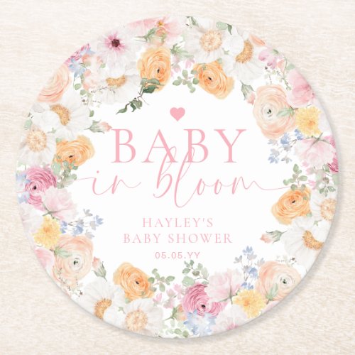 Millie Floral Baby In Bloom Baby Shower Round Paper Coaster