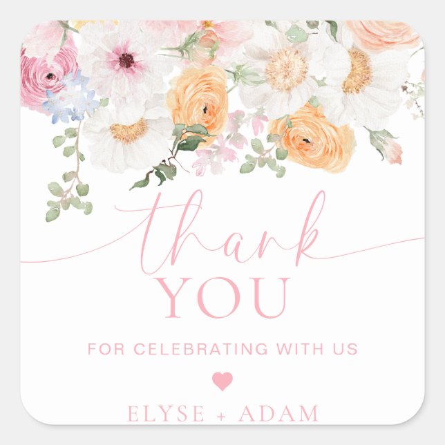 Millie Floral Thank You Favor Square Sticker (Front)