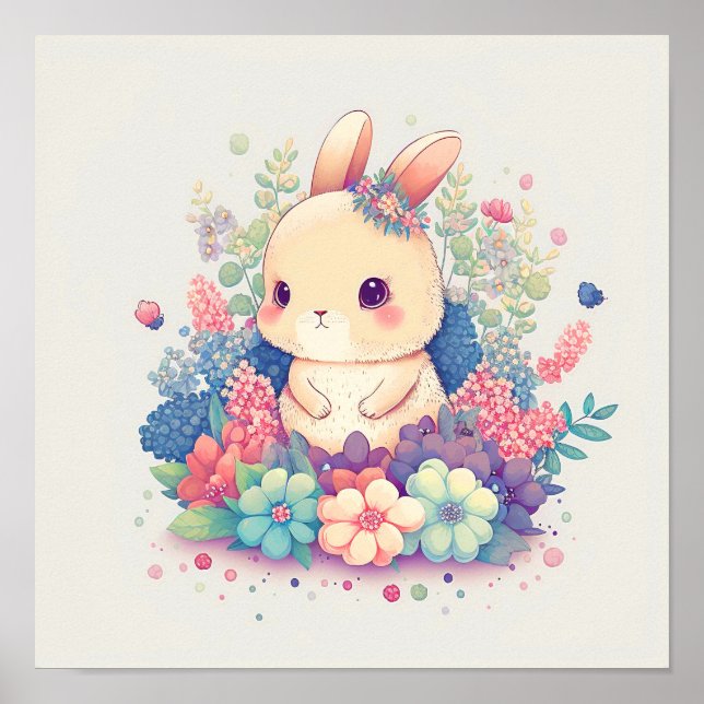 Millie Mae - Cute Bunny Sitting in Flowers Print (Front)