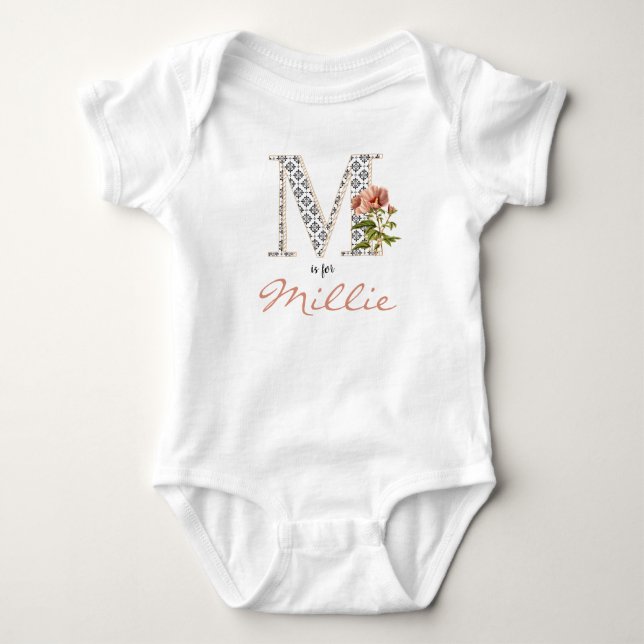 Millie Name Reveal Floral Letter M Girl Whimsical Baby Bodysuit (Front)