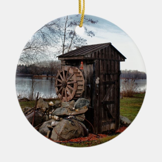 Milling about the old outhouse ceramic ornament (Front)