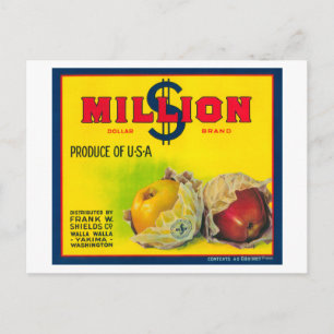 Million Dollar Apple Label - Walla Walla, WA Postcard