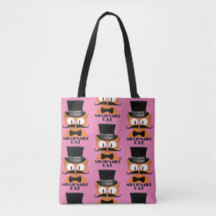 MILLIONAIRE CAT Cartoon Mustache Cat Cute Pink Tote Bag
