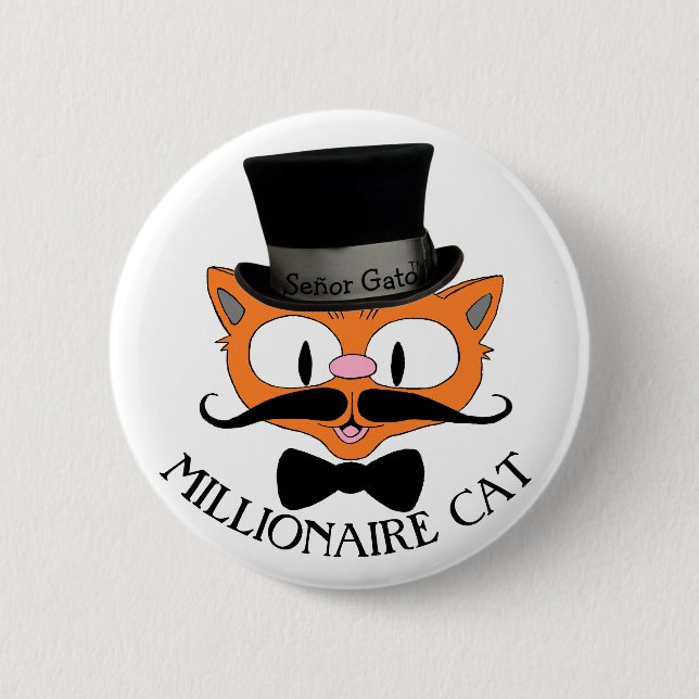 MILLIONAIRE CAT Cartoon Mustache Cat with Top Hat Button (Front)