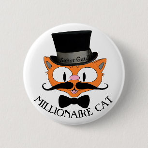 MILLIONAIRE CAT Cartoon Mustache Cat with Top Hat Button