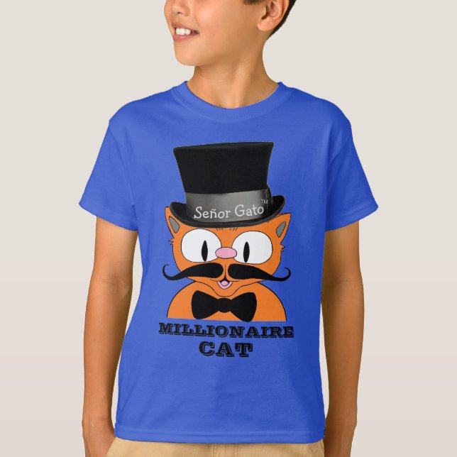 MILLIONAIRE CAT Cartoon Mustache Fancy Cat T-Shirt (Front)