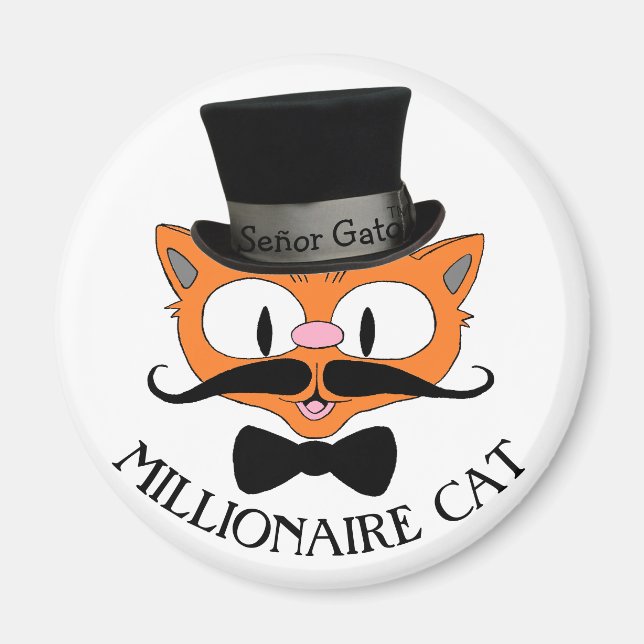 MILLIONAIRE CAT Mustache Cat with Top Hat Magnet (Front)