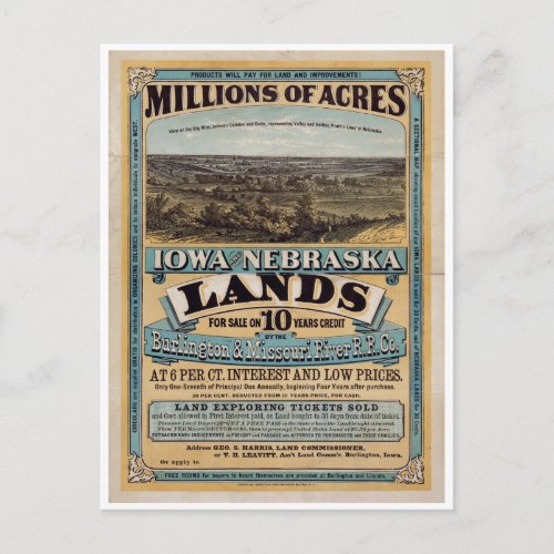 Millions of acres Iowa and Nebraska 1872 Postcard