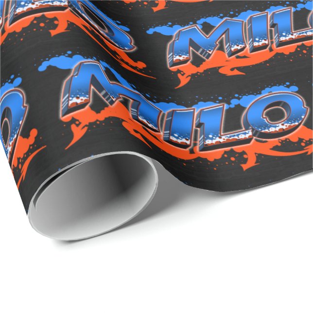 Milo First Name Graffiti blue orange Wrapping Paper (Roll Corner)