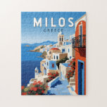 Milos Greece Travel Art Vintage Jigsaw Puzzle<br><div class="desc">Milos retro vector travel design. Milos or Melos is a volcanic Greek island in the Aegean Sea,  just north of the Sea of Crete.</div>