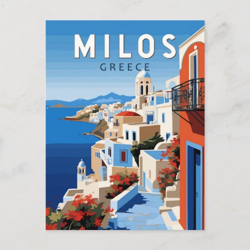 Milos Greece Travel Art Vintage Postcard