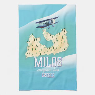 Milos,Greek island Map travel poster art. Kitchen Towel