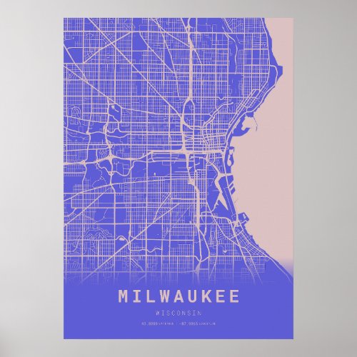 Milwaukee Blue City Map Poster