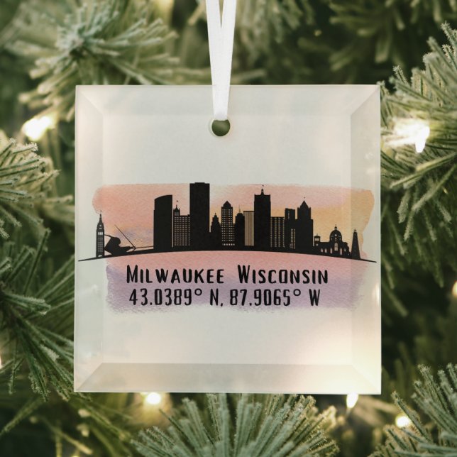 Milwaukee City Skyline Latitude and Longitude  Glass Ornament (Insitu)
