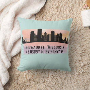 Milwaukee City Skyline Latitude and Longitude Throw Pillow