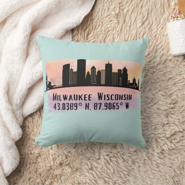 Milwaukee City Skyline Latitude and Longitude  Throw Pillow (Blanket)