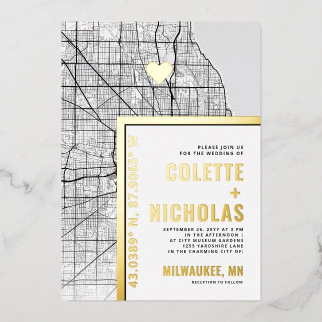 Milwaukee Love Locator | City Themed Wedding Foil Invitation (Front)