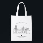 Milwaukee, MN  Wedding | Stylized Skyline Grocery Bag<br><div class="desc">A unique wedding bag for a wedding taking place in the beautiful city of Milwaukee,  Minnesota.  This bag features a stylized illustration of the city's unique skyline with its name underneath.  This is followed by your wedding day information in a matching open lined style.</div>