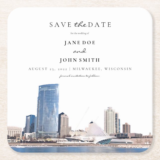 Milwaukee Skyline Paper Coaster Save the Date (Front)