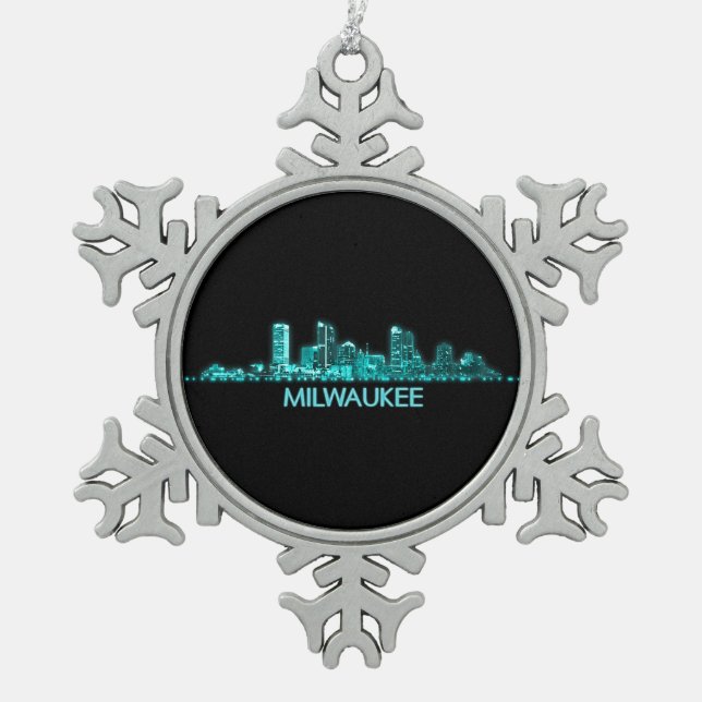 Milwaukee Skyline Snowflake Pewter Christmas Ornament (Front)