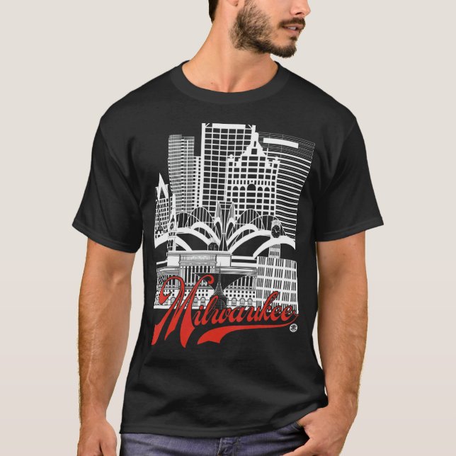 Milwaukee Skyline Squared  White+red On Black T-Shirt (Front)