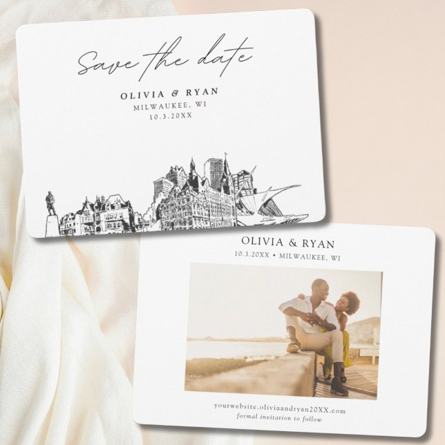 Milwaukee Wedding Modern Save the Date Invitation (Milwaukee Wedding Save the Date with Engagement Photo)