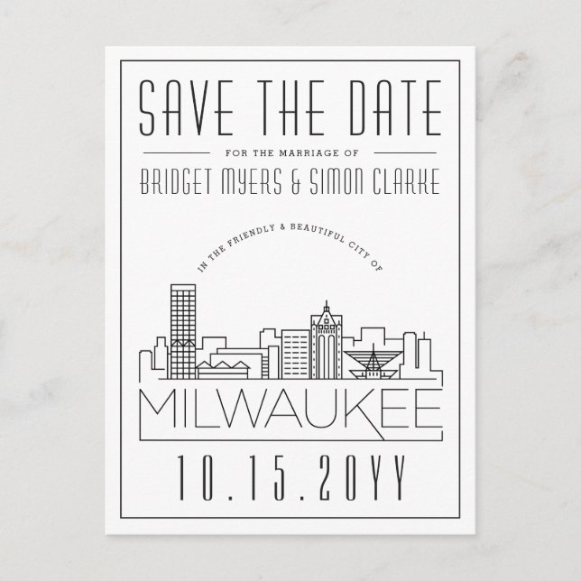 Milwaukee Wedding | Stylized Skyline Save the Date Postcard (Front)
