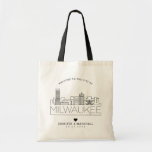 Milwaukee Wedding | Stylized Skyline Tote Bag<br><div class="desc">A unique wedding tote bag for a wedding taking place in the beautiful city of Milwaukee,  Wisconsin.  This tote features a stylized illustration of the city's unique skyline with its name underneath.  This is followed by your wedding day information in a matching open lined style.</div>