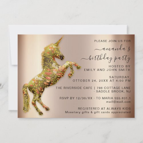 Mimetic Rose Gold Glitter Unicorn Horse Birthday  Invitation