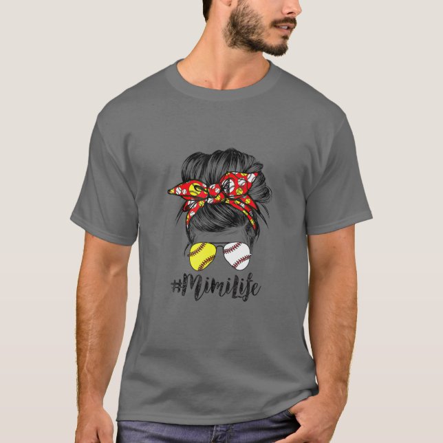 Mimi Life Messy Bun Hair Softball Baseball Mother' T-Shirt (Front)