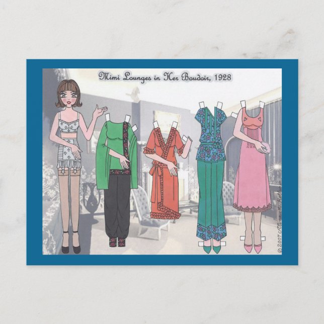 Mimi Lounges in Her Boudoir Paper Doll Postcard (Front)