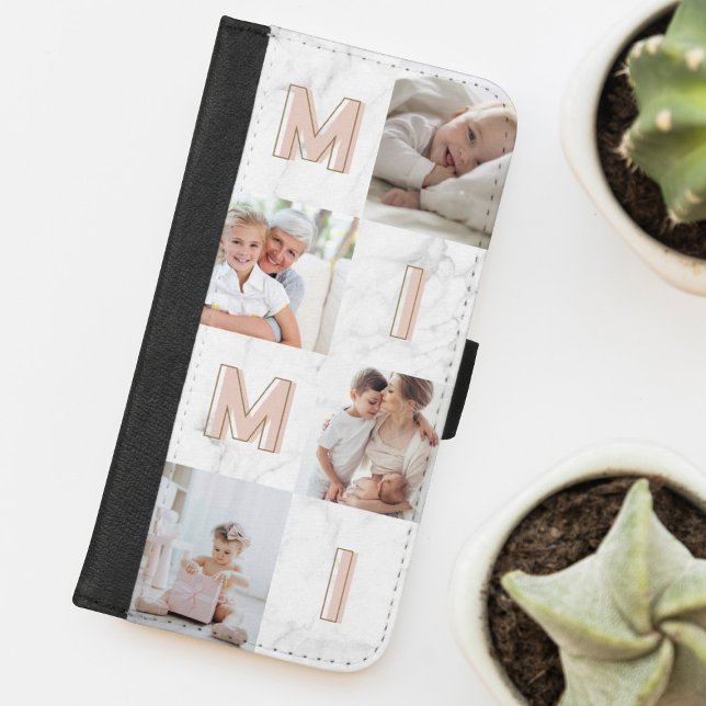 MIMI Pink Letters Family Photo Collage Marble iPhone Wallet Case (Creator Uploaded)