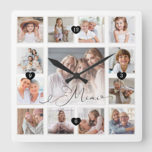 Mimi Script Family Memory Photo Grid Collage Square Wall Clock