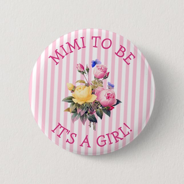 MIMI to be Pink Floral Baby Shower Button (Front)