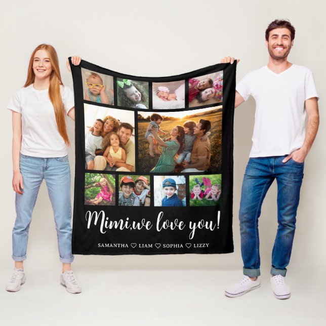  Mimi We Love You Grandkids 10 Photo Collage Black Fleece Blanket (In Situ)