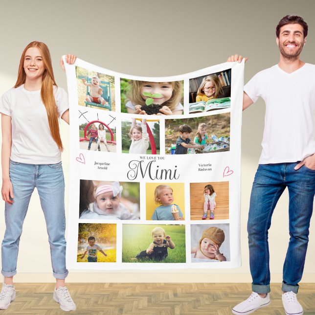 Mimi We Love You Personalized Hearts Modern Fleece Blanket (Mimi custom fleece blanket with 12 photos and personalized text.)