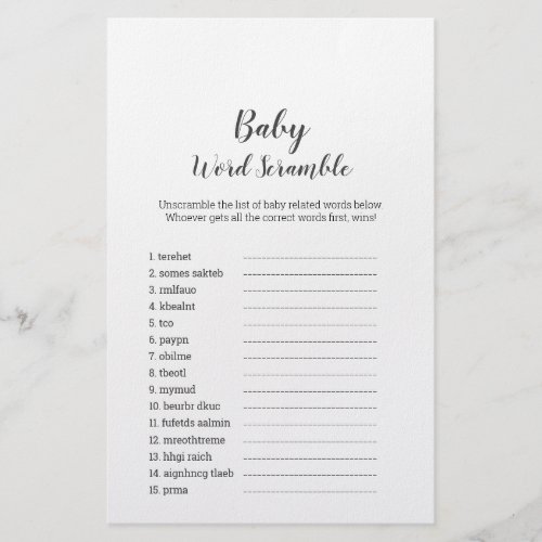 Mimimalist Baby Shower UK Baby Word Scramble Flyer