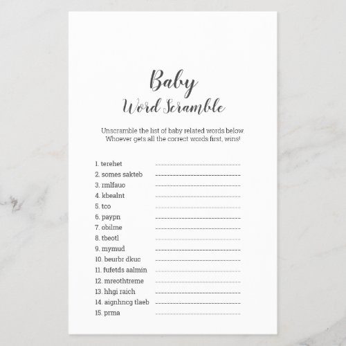 Mimimalist Baby Shower UK Baby Word Scramble Flyer