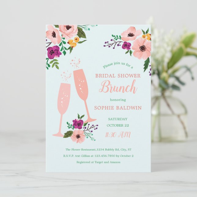 Mimosa and Flowers Brunch and Bubbly Bridal Shower Invitation (Standing Front)