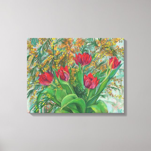Mimosa and Tulips, Spring Flowers, Floral Painting Canvas Print (Front)