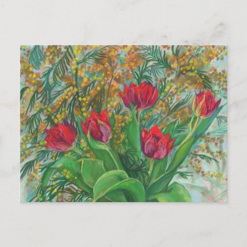 Mimosa and Tulips Spring Flowers Floral Painting Postcard
