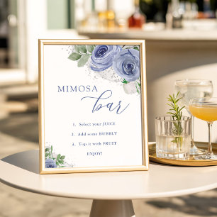 Mimosa Bar, Blue and Silver Floral Baby Shower Poster