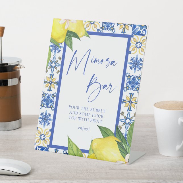Mimosa Bar Blue Tiles Lemons Bridal Shower Pedestal Sign (In SItu)