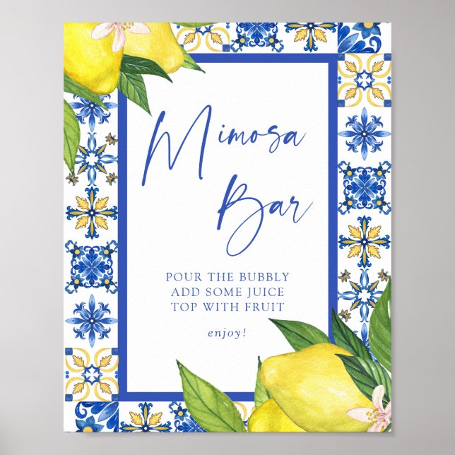 Mimosa Bar Blue Tiles Lemons Bridal Shower Sign (Front)