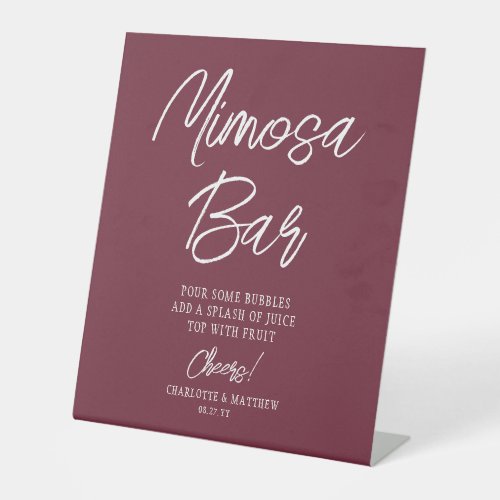 Mimosa Bar Cheers Modern Script Burgundy Pedestal Sign