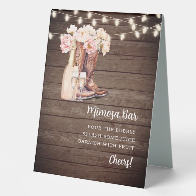 MIMOSA BAR Cowgirl Boots Champagne Bridal Shower Table Tent (Front)