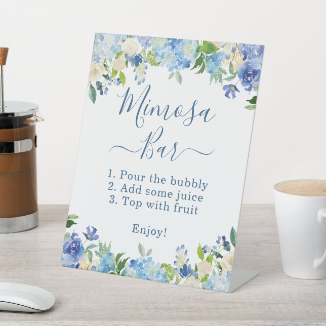 Mimosa Bar Elegant Blue Hydrangea Floral Pedestal Sign (In SItu)