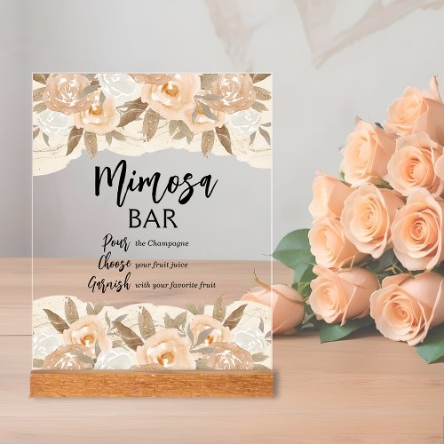 Mimosa Bar Peach Flowers Bridal Shower Acrylic Sign