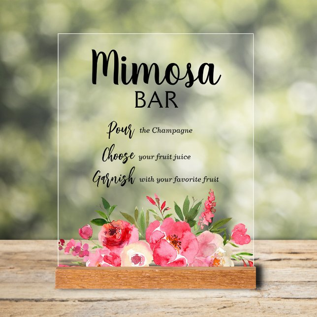 Mimosa Bar Pink Peonies Bridal Shower Acrylic Sign (Mimosa Bar bridal shower tabletop acrylic sign with pink and cream flowers and greenery)