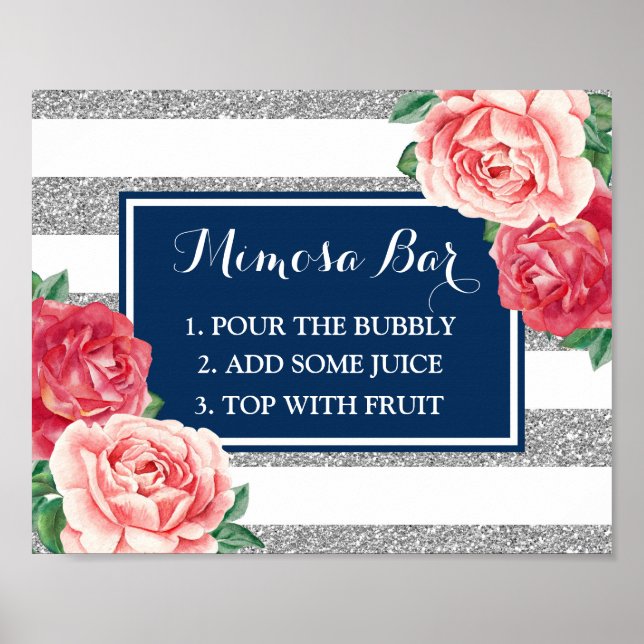 Mimosa Bar Sign Navy Silver Stripes Pink Floral (Front)